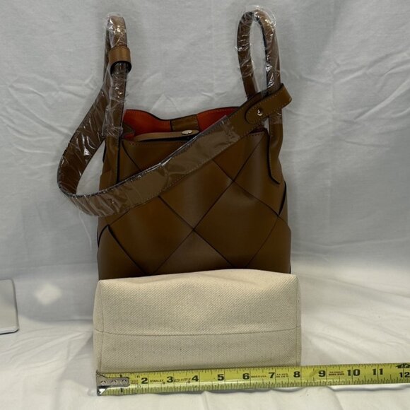 Caramel Woven Leather Bucket Bag, Loop Handles, Removable Shoulder Strap, NWOT - Picture 12 of 16